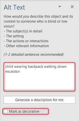Alt text pane in Microsoft PowerPoint for Windows with Mark as Decorative check box
