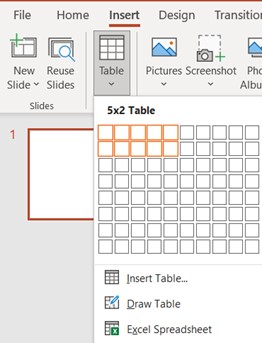 Insert table in Microsoft PowerPoint for Windows