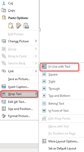 In Line with Text wrap text for objects in Microsoft Word for Windows