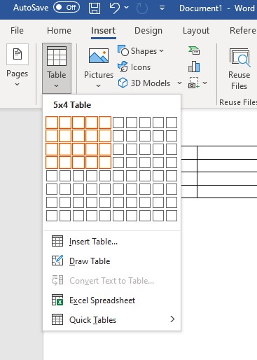 Insert table in Microsoft Word for Windows