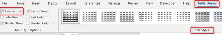 Highlighted Table in the Table Style Gallery in Microsoft Word for Windows. Header row box checked.