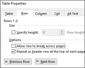 Screenshot of table properties with repeat as header row at top of each page checked