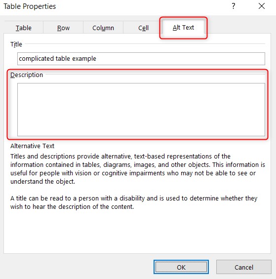 Microsoft Word Alt Text for Tables