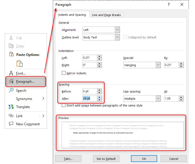 Paragraph menu and spacing option in paragraph properties box in Microsoft Word for Windows