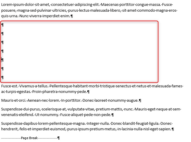 Example of paragraph marks highlighting empty lines in document