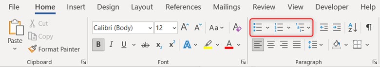 List formatting buttons in Microsoft Word for Windows