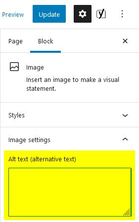 GUI showing location of alt text input box when inserting an image in WordPress Gutenberg