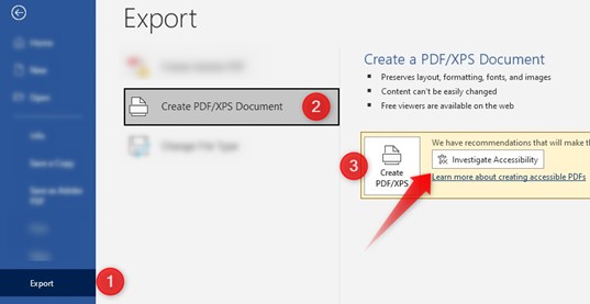 Export menu showing export button, Create PDF/XPS Document button and Investigate Accessibility button