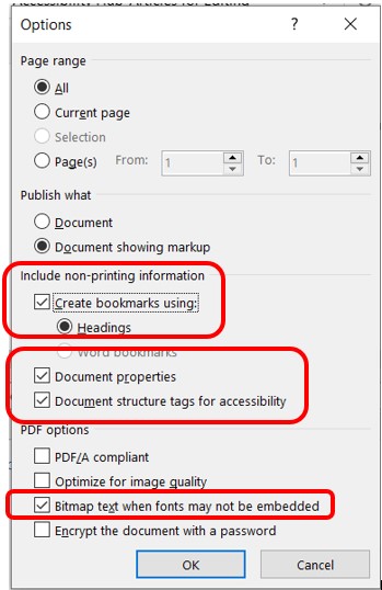 Options dialog of exporting a PDF from MS Word