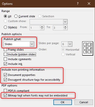 Options dialog when exporting a PDF from PowerPoint