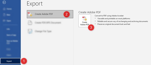 Export dialogue showing the location of the Create Adobe PDF option
