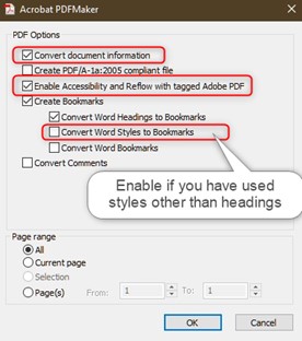 Acrobat PDFMaker dialogue showing options available when exporting PDFs