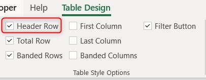 Screenshot of the Table Style Options group with checkboxes selected