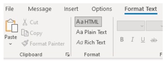 HTML format option in the Format text tab in a email in Microsoft Outlook for Windows