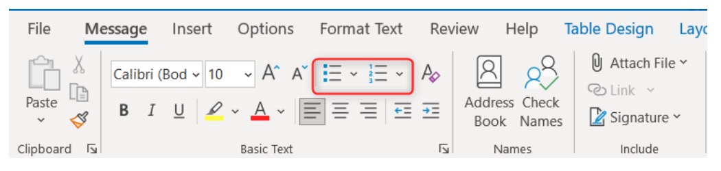 List formatting buttons in Microsoft Outlook for Windows