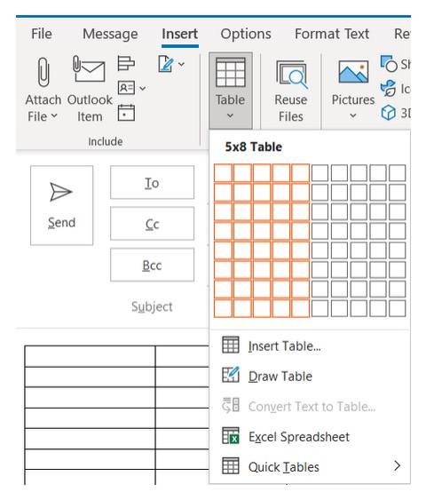 Insert table in Microsoft Outlook for Windows
