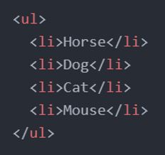 HTML code showing a bulleted list with 4 items