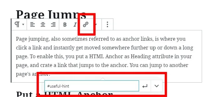 Gutenberg WordPress Editor block toolbar showing how to add an anchor link with a pound (#) symbol.