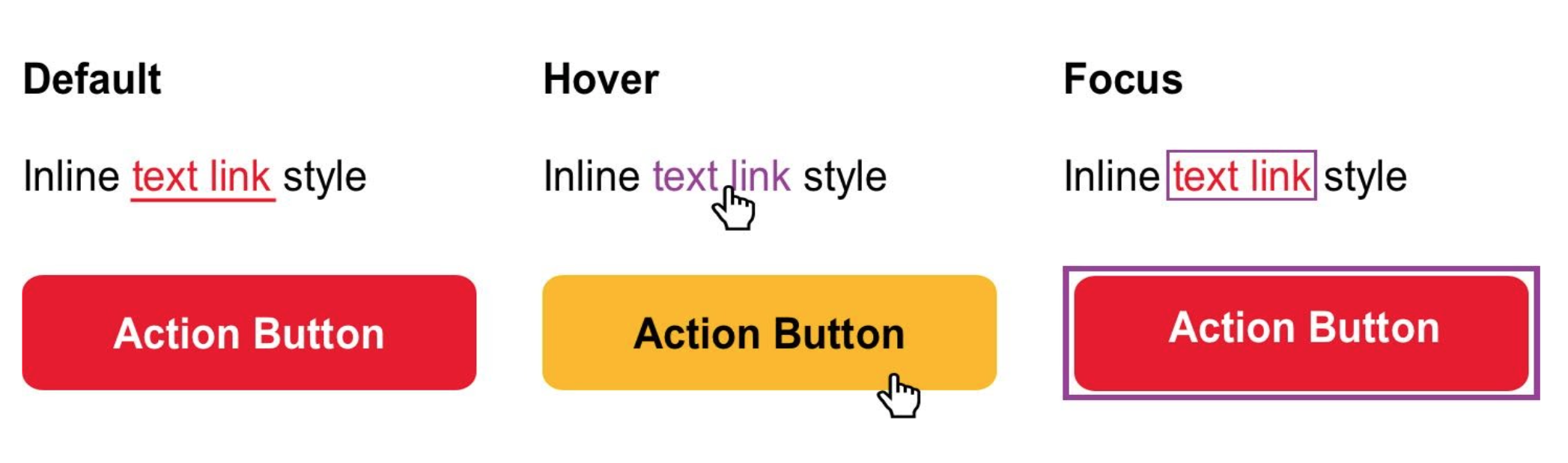 Different states of a hyperlink examples: default, hover and focus.