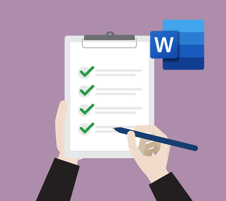 Person checking checklist featuring Word icon