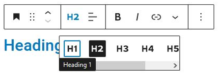 A heading block in the WordPress Gutenberg editor with heading level options