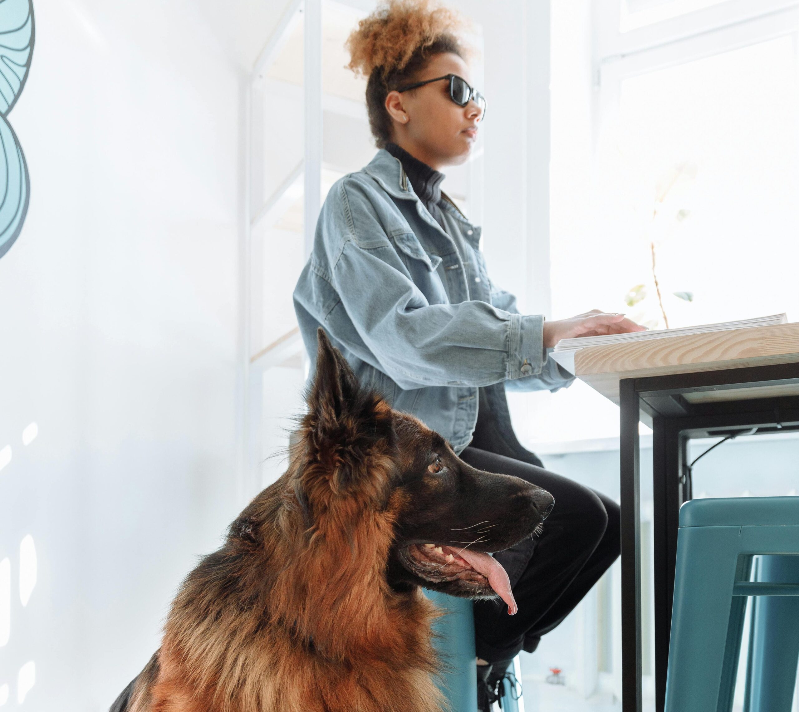Woman sitting on a stool reading braille beside a service animal